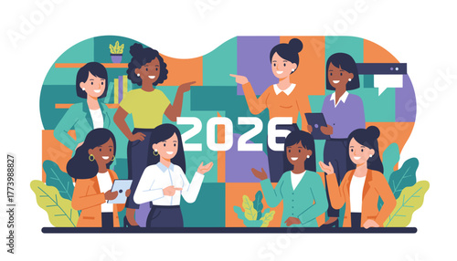 Diverse women business team collaborating for success in 2026 Future planning and goals