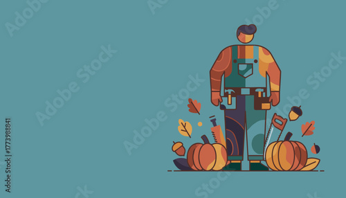 Handyman in overalls with tools pumpkins and fall leaves Autumn maintenance concept
