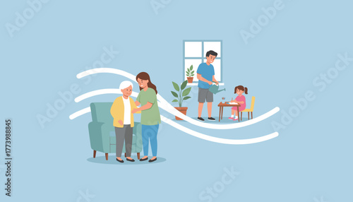 Caregiver assists senior woman family enjoys home life emphasizing health and comfort indoors