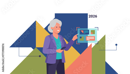 Experienced professional uses AR interface for future planning and 2026 forecast analysis