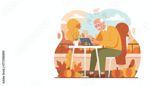 Anxious senior works remotely on business graphs outdoors during the autumn season