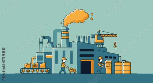 Factory production scene featuring machinery workers and smokestacks