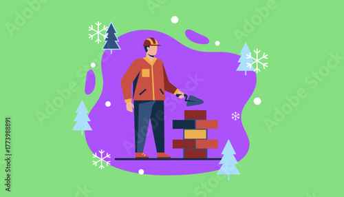 Mason worker with bricks and trowel against a colorful winter background