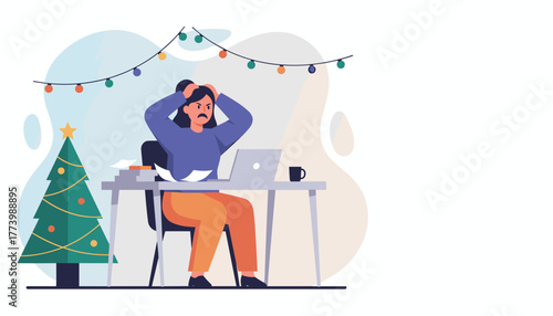 Overworked woman stressed by holiday deadlines working late at a desk with a Christmas tree