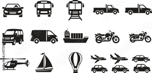 Variety of transportation icons set in solid black on white background