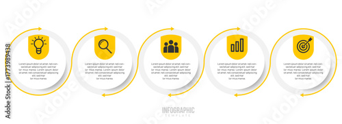 Vector infographic featuring golden circles with award and success icons, clean professional layout with four steps for achievement or milestone presentation design