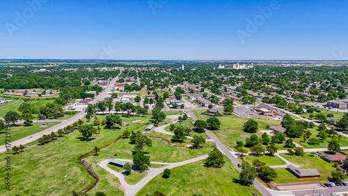 Aerial landscape of sunny summer day on Route 66 old small town El Reno Oklahoma OK Southwest
