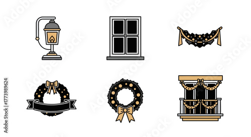 Festive holiday icons: lantern, window, garland, wreaths, balcony decorations