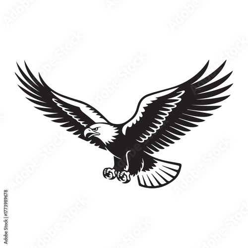 Flying eagle vector illustration with black silhouette and spread wings in nature style