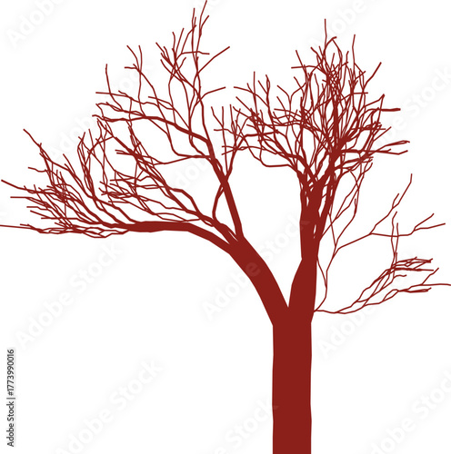 Bare tree silhouette with intricate branches against white backdrop illustration