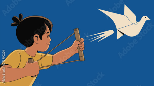 A boy aiming a slingshot at a paper dove flying in a blue sky illustration with cartoon style