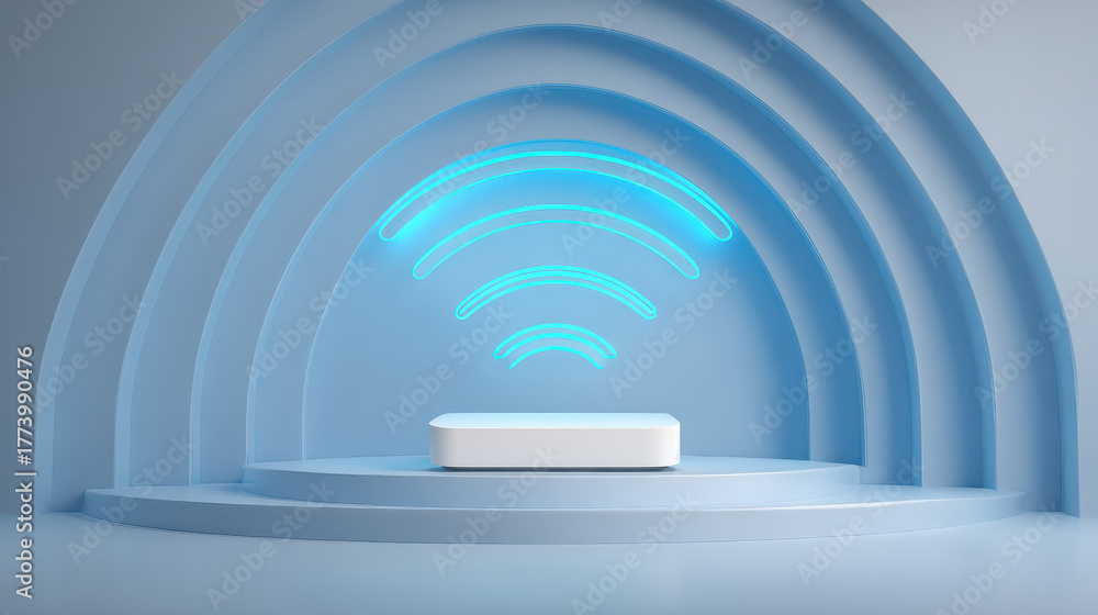 Fototapeta premium Wireless Connectivity Showcase: An abstract image showcasing a modern wireless device placed on a podium. A striking visual representing connection and technology.