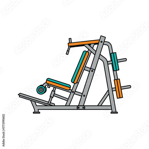 Gym leg press machine illustration with orange and teal accents