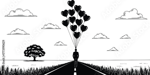 Heart balloons lift a figure into the sky on a lonely road, creating a powerful symbol of hope, dreams, and overcoming adversity