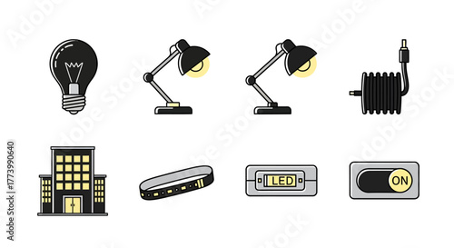 Modern lighting elements and accessories collection in flat style