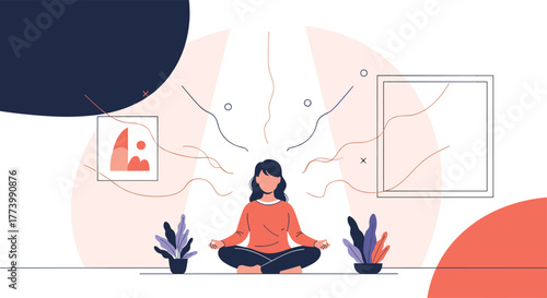 A serene woman sits in a meditative pose, surrounded by abstract lines and shapes symbolizing focus, creativity, and the flow of ideas, highlighting mindfulness and mental well-being.