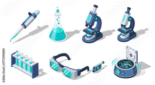 Isometric scientific equipment set featuring microscope, test tubes, and lab accessories