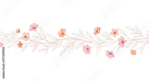 Gentle watercolor-style floral garland with soft pink and peach blooms and intricate line-drawn leaves on a white background.