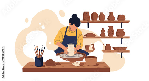 A person is engaged in the craft of pottery making, shaping clay on a pottery wheel to create ceramic art, surrounded by tools and finished pieces.