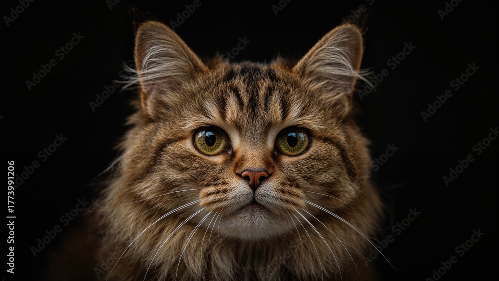 Obraz premium Close-up of a domestic cat's face with fur, eyes, and whiskers against a black background. Animal portrait, feline, pet photography.