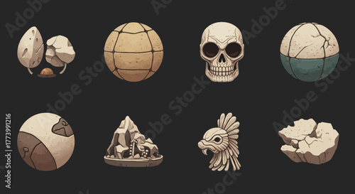 Ancient artifacts collection: skulls, spheres, and mystical sculptures on black background
