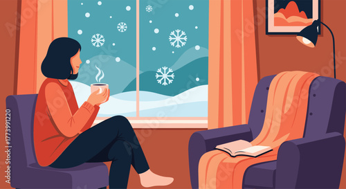 A woman enjoys a warm drink while looking out a window at falling snow, creating a cozy and peaceful winter indoor scene with an armchair and a blanket nearby.
