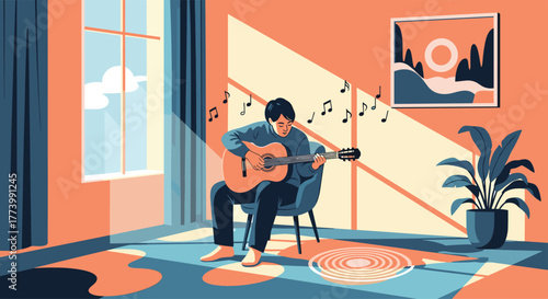 A young man peacefully playing an acoustic guitar in a sun-drenched room, with musical notes gently floating around, embodying a calm and creative indoor hobby.