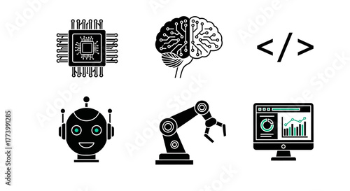 Technological icons depicting robotics, artificial intelligence, and digital design