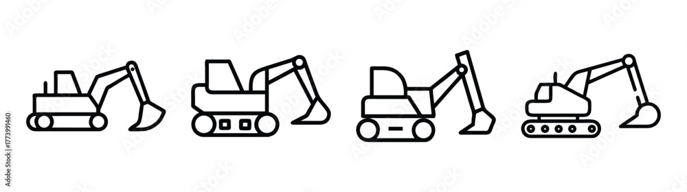 Fototapeta premium Set of stylized line drawings of excavators ready for construction projects