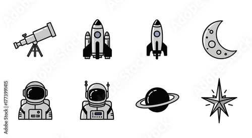 Space exploration icons featuring astronauts, rockets, and celestial elements