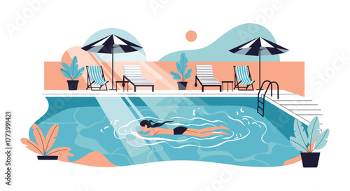 A woman enjoys a refreshing swim in a serene outdoor pool, surrounded by stylish sun loungers, umbrellas, and vibrant potted plants, capturing the essence of a peaceful summer vacation.