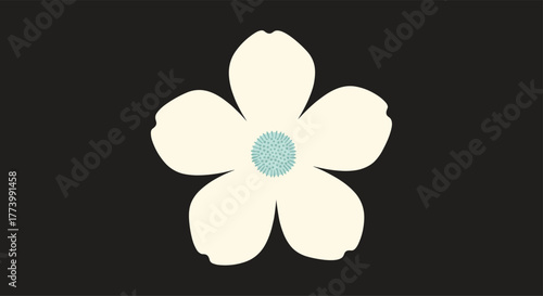 A minimalist flat illustration of a white dogwood flower with a light blue center against a stark black background, symbolizing nature, springtime, and elegance.
