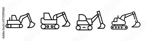 Set of stylized line drawings of excavators ready for construction projects