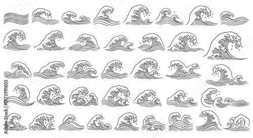A diverse and captivating collection of detailed hand-drawn vector illustrations depicting various dynamic ocean waves in a traditional Japanese art style, evoking natural power.