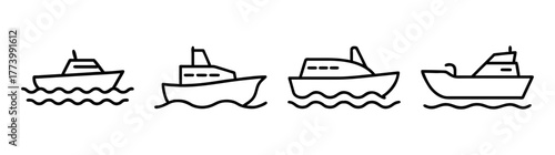 Collection of four simple line drawings of boats sailing on wavy water