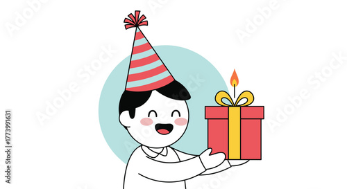 A cheerful cartoon boy in a striped party hat happily presents a red gift box topped with a lit candle, ready for a festive birthday celebration.