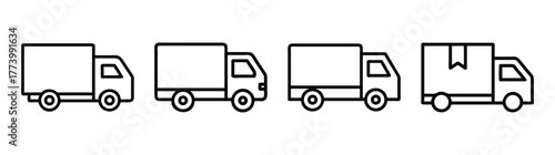 Simple line art icons representing four different box trucks in a row