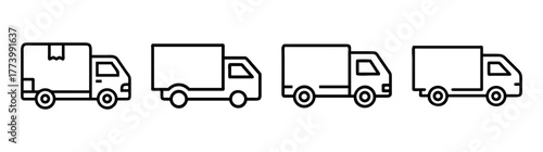 Collection of four outline style box trucks in a row for transport and delivery services