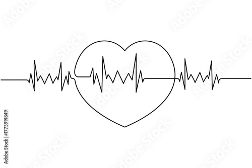 Medical heart beat pulse continuous one line drawing on white background minimalist cardiogram outline vector illustration
