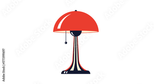 A sleek graphic of a red dome-shaped table lamp with a dark, vertically striped base and a pull chain, exhibiting a retro-modern aesthetic on a pristine white background.