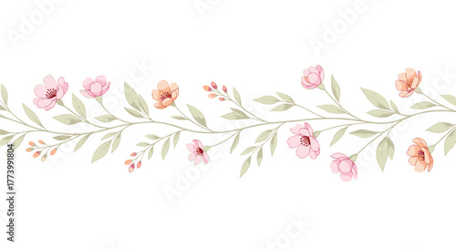 Beautiful watercolor floral border with delicate pink and peach flowers on a winding green vine, perfect for decorative designs and elegant invitations.