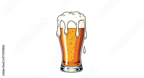 A refreshing and chilled cartoon illustration of a tall pint glass filled with golden beer and a large, overflowing white foamy head, dripping down the sides.