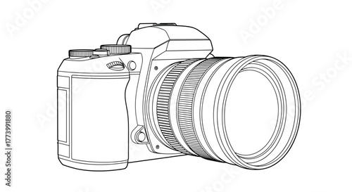 A detailed line art illustration of a modern digital single-lens reflex camera with a large zoom lens, perfect for photography concepts and design resources.