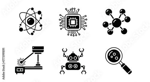 Technology and science icons: atoms, microchips, molecules, lasers, robots, magnifiers