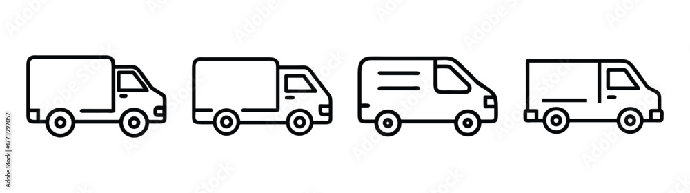 Obraz premium Diverse cargo vans and trucks line art icons for logistics and delivery services