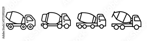 Four cement mixer trucks in a row simple line art drawing construction vehicle icons
