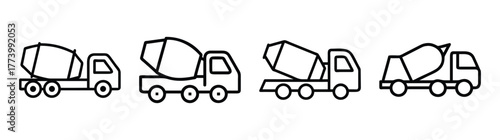 Line art cement mixer trucks collection construction vehicle icons simple design