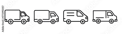 Diverse cargo vans and trucks line art icons for logistics and delivery services