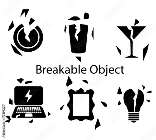 Breakable objects silhouette vector icons, black broken plate, glass, laptop, frame, and bulb set for damage illustrations