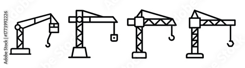 Collection of four construction tower crane icons in simple line art style